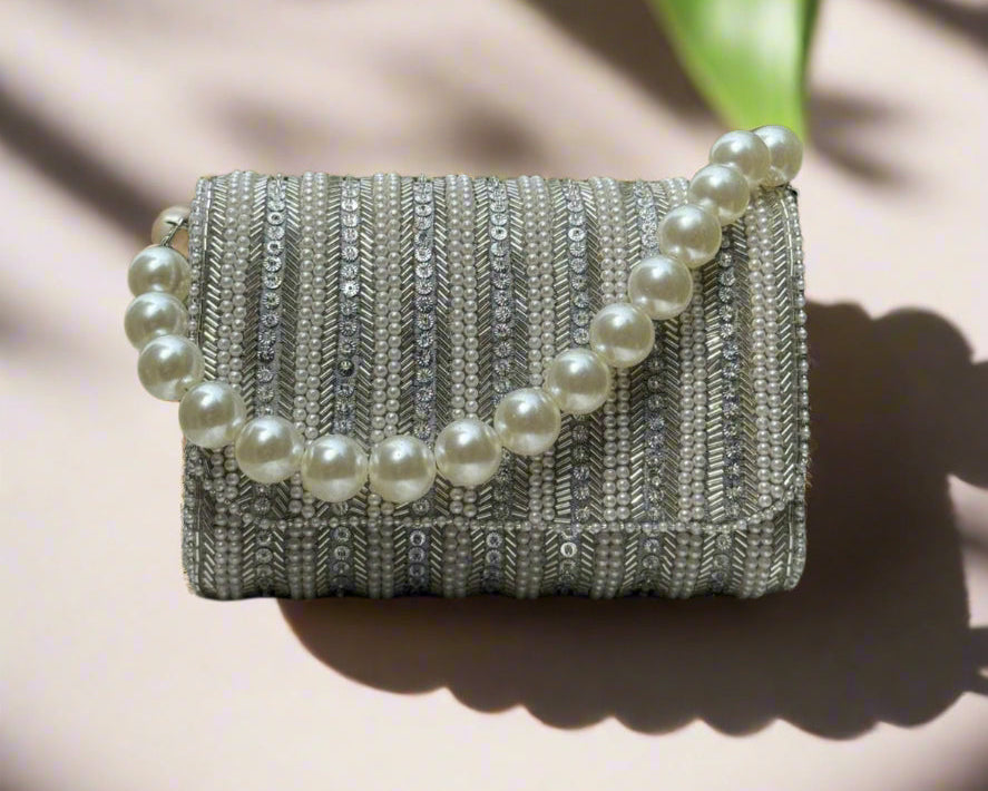 Silver Pearl Embellished Flap Bag