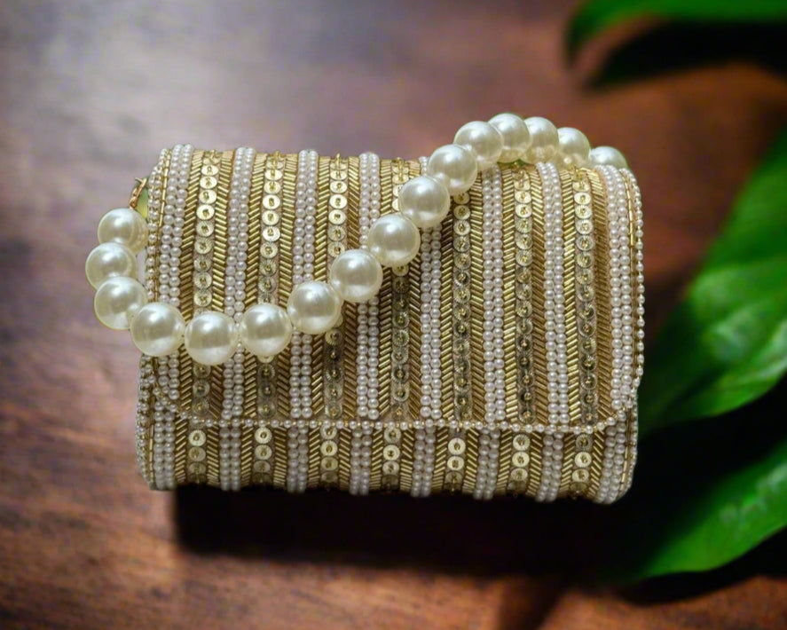 Gold Pearl Embellished Flap Bag