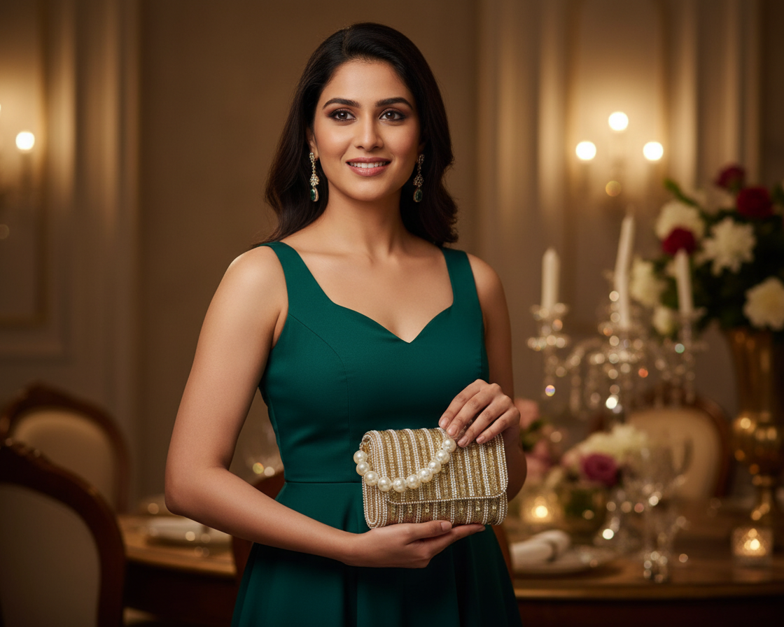 Gold Pearl Embellished Flap Bag