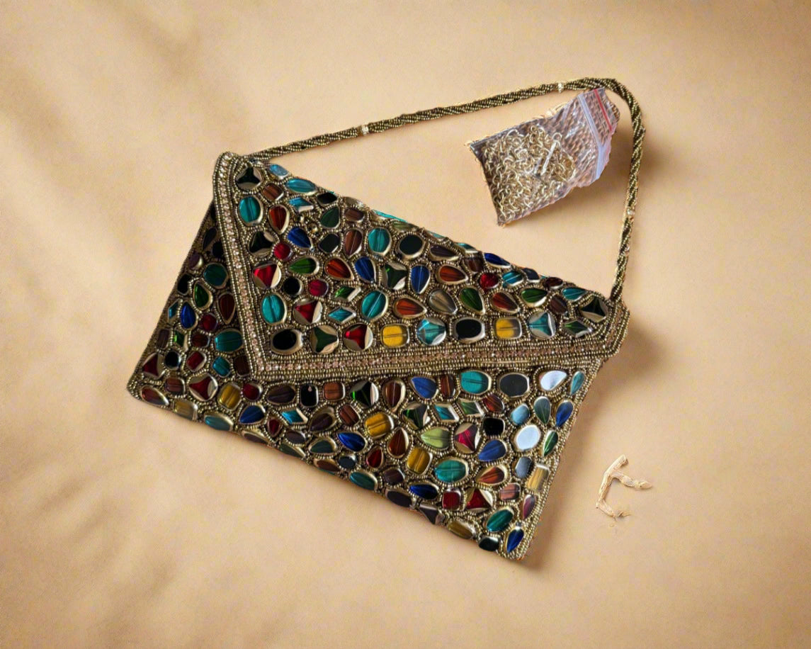 Bronze gemstone beaded clutch.