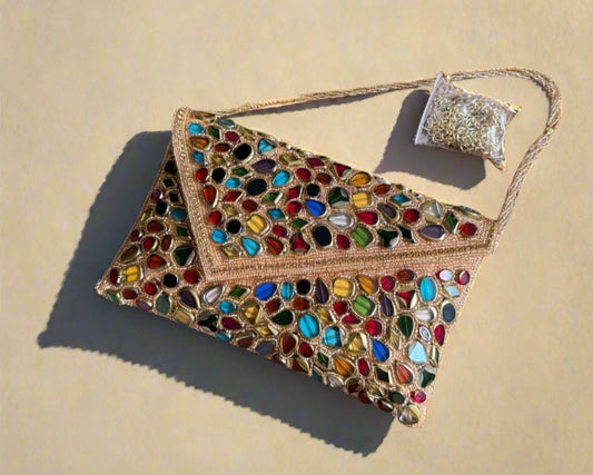 Rosegold gemstone beaded clutch.