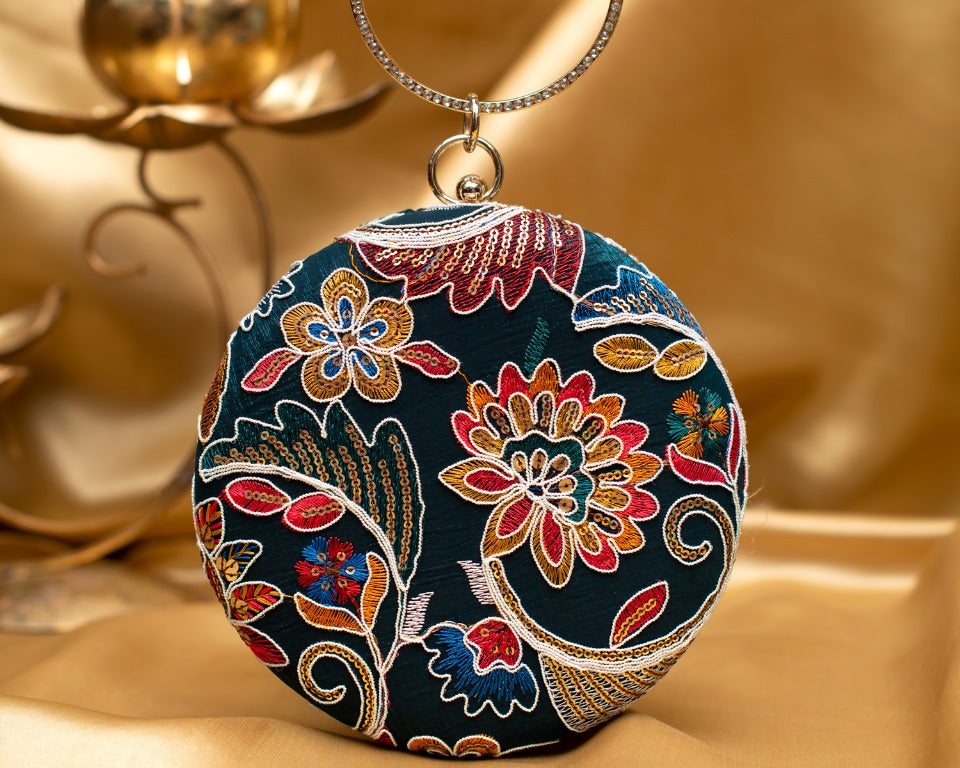 Blue Floral Embroidered Round Clutch