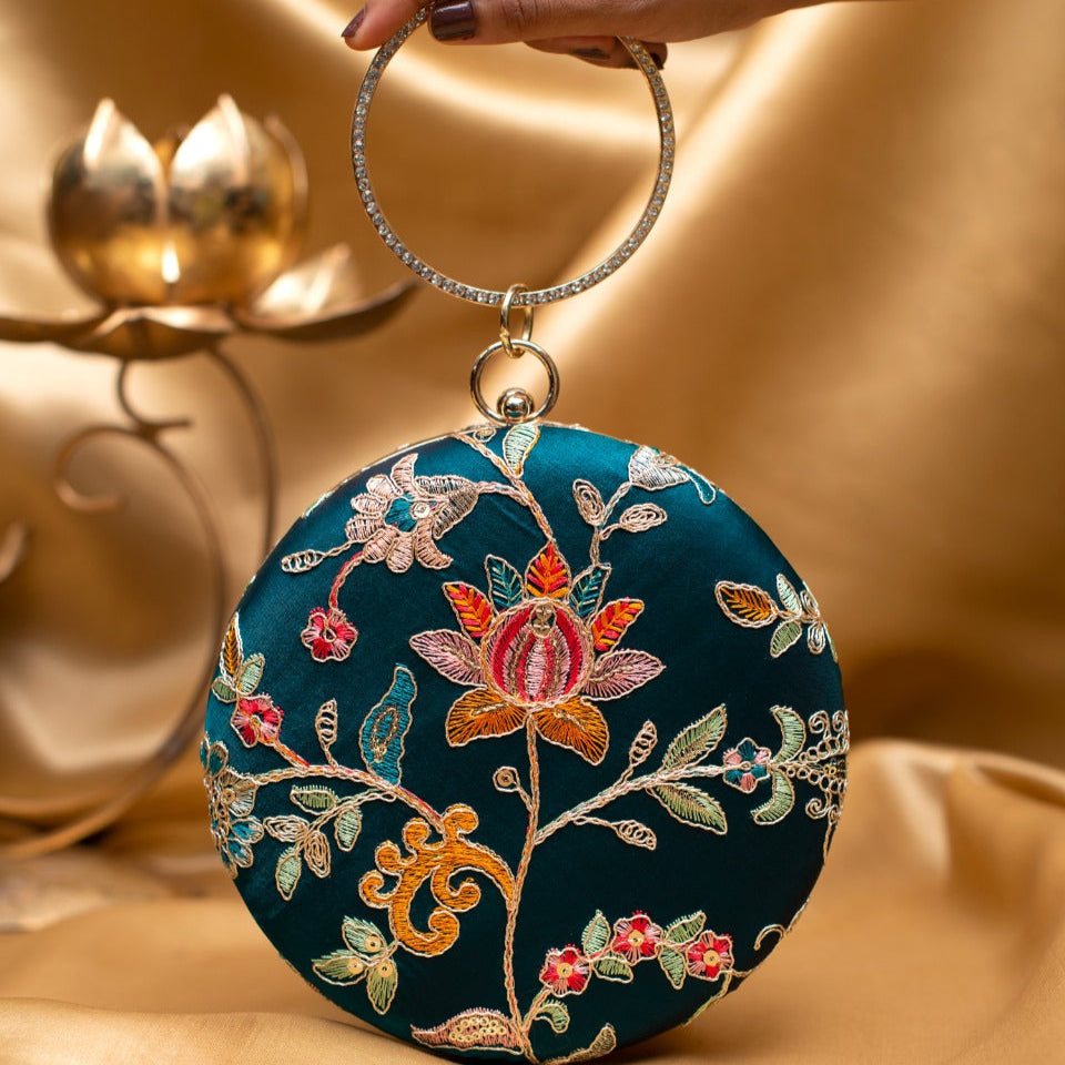 Peacock Blue Floral Embroidered Round Clutch