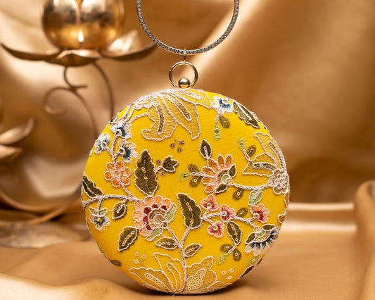 Yellow Floral Embroidered Round Clutch