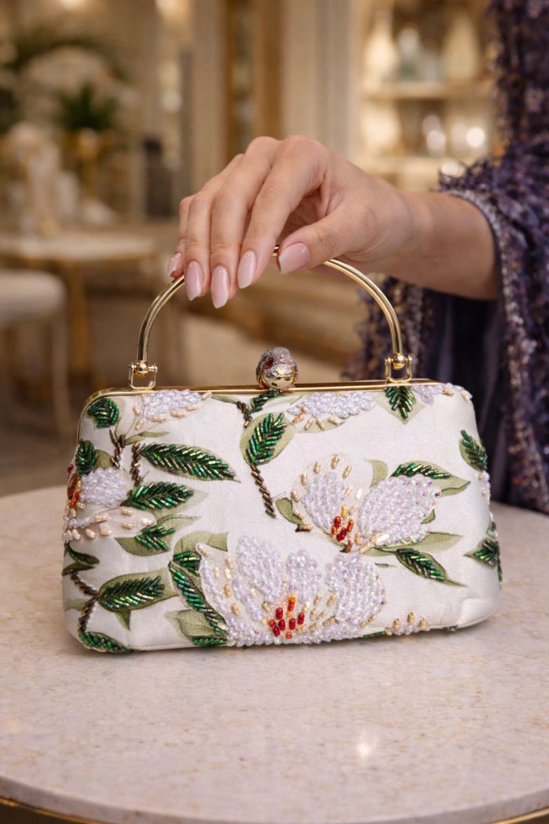 White Floral Beads on White Silk