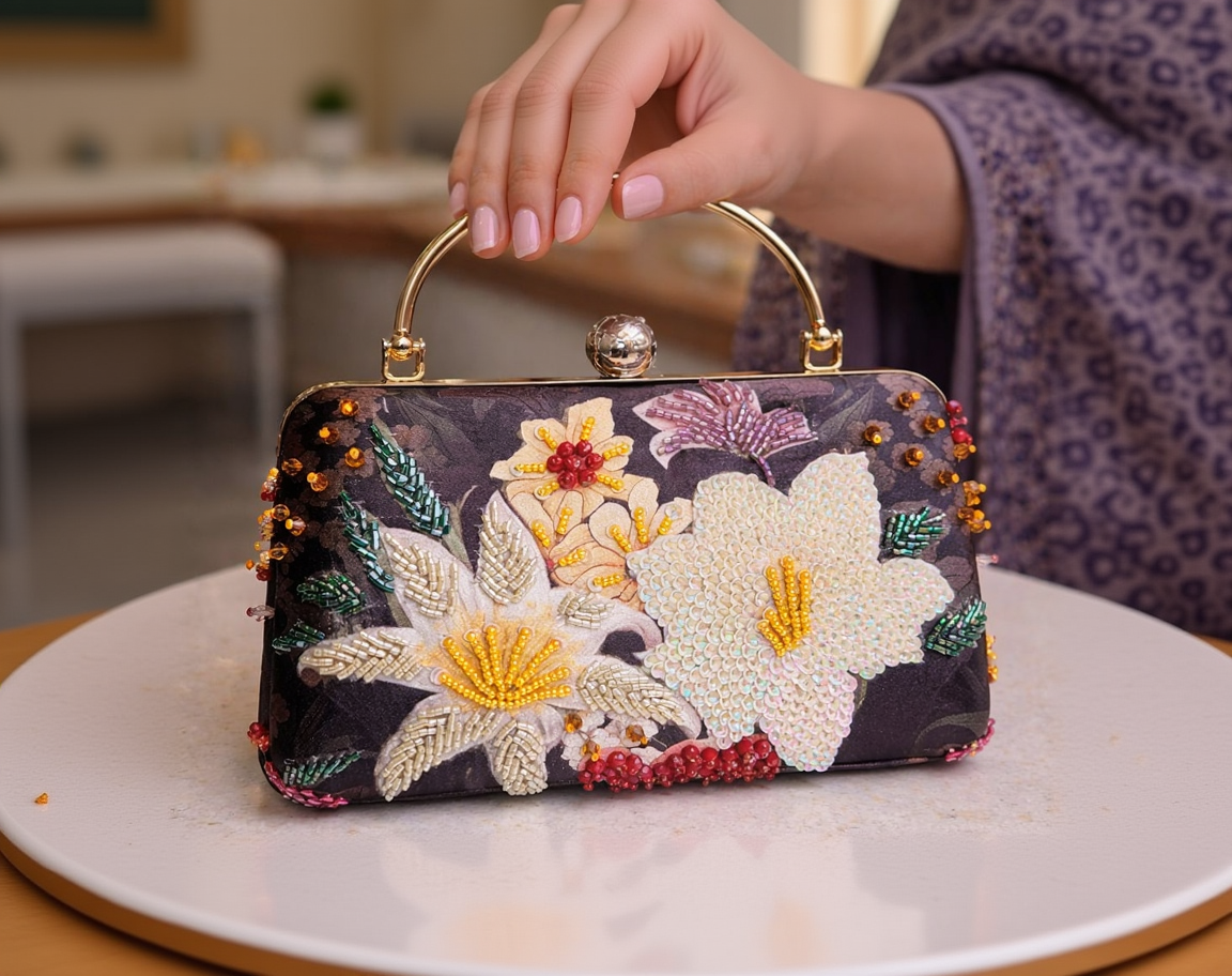 Floral Beads on Black Silk