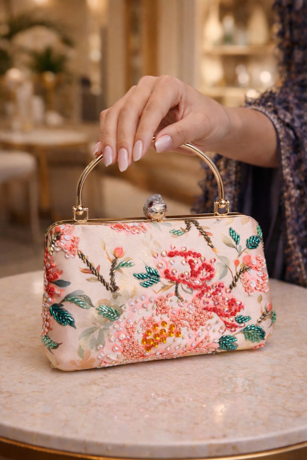 Floral Beads on Peach Silk