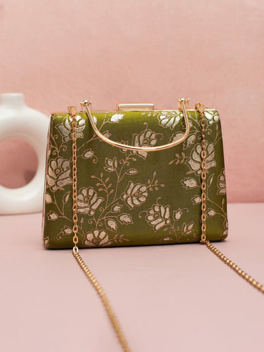 Green Brocade Clutch with Golden Handle & Sling chain