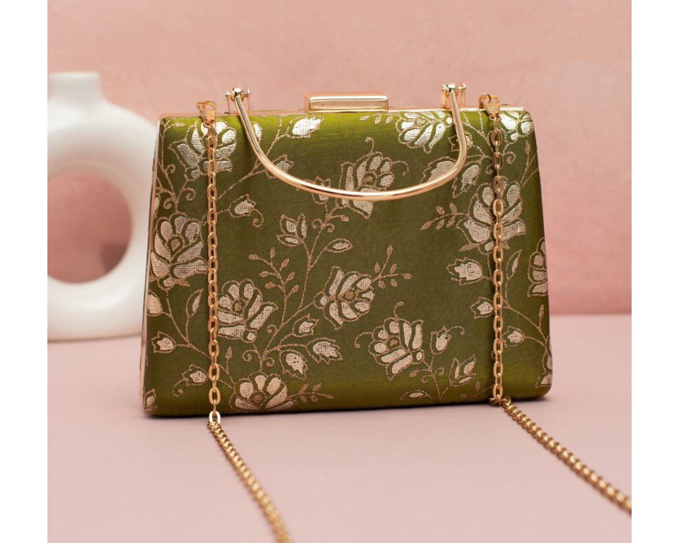 Green Brocade Clutch with Golden Handle & Sling chain