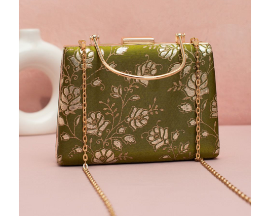 Green Brocade Clutch with Golden Handle & Sling chain