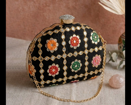 D shape Black Ethnic Embroidered Clutch