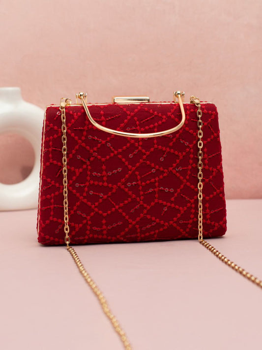 Red Embroidered Clutch with Golden Handle & Sling chain