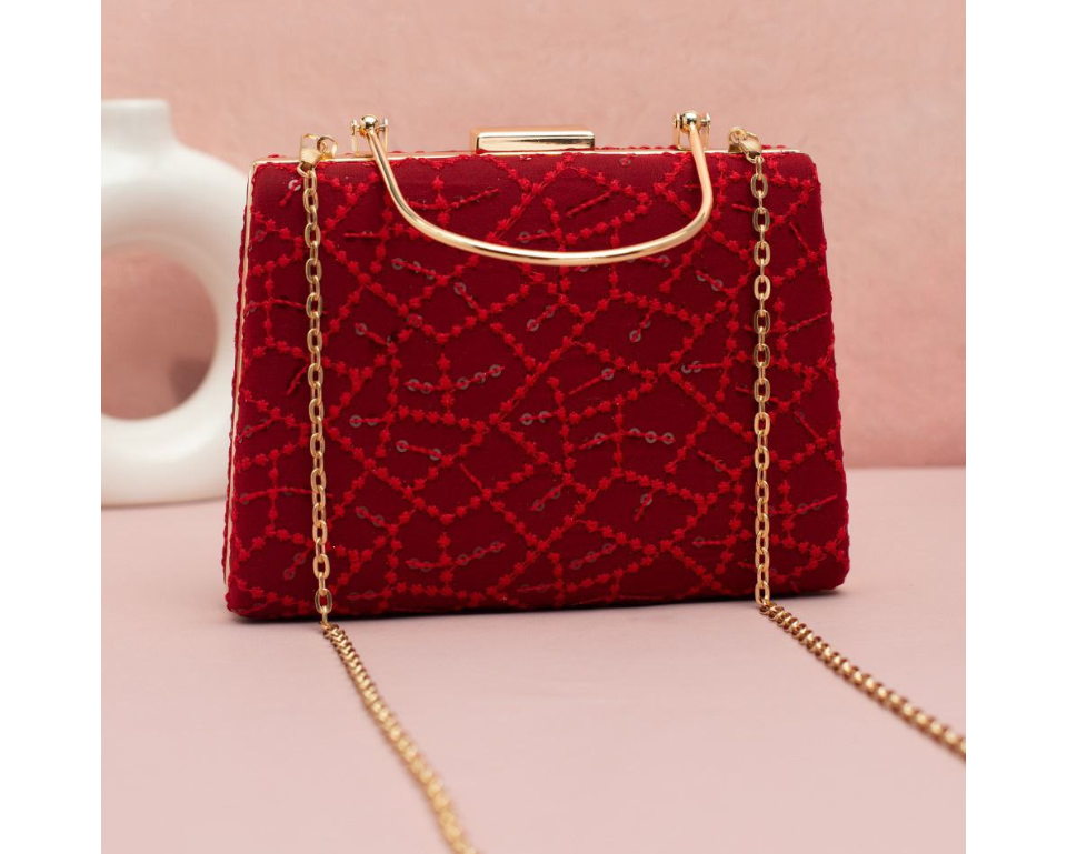 Red Embroidered Clutch with Golden Handle & Sling chain