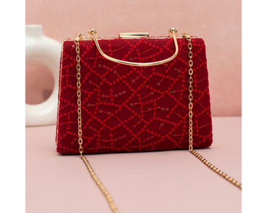 Red Embroidered Clutch with Golden Handle & Sling chain