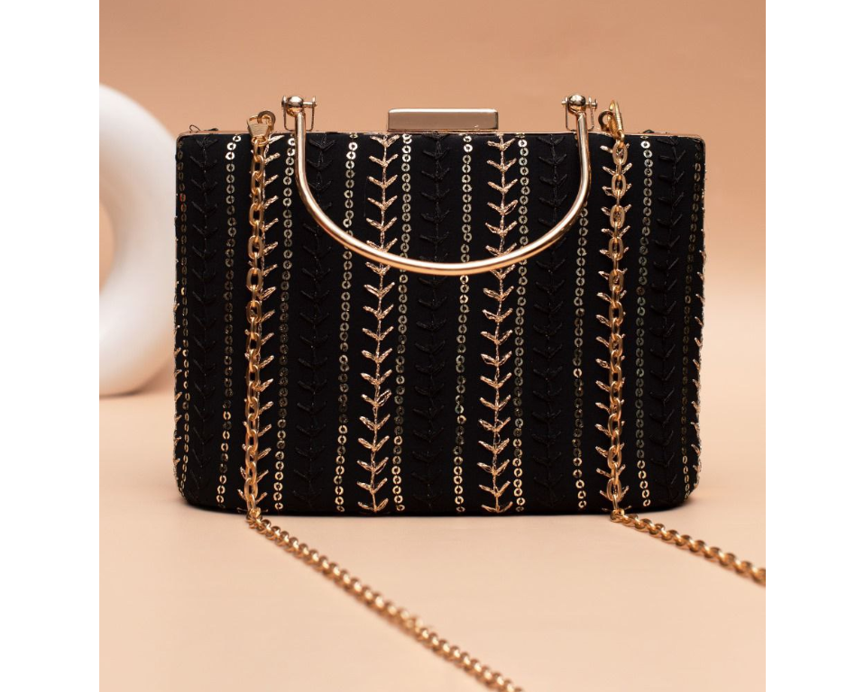 Black Clutch with Golden Handle & Sling chain