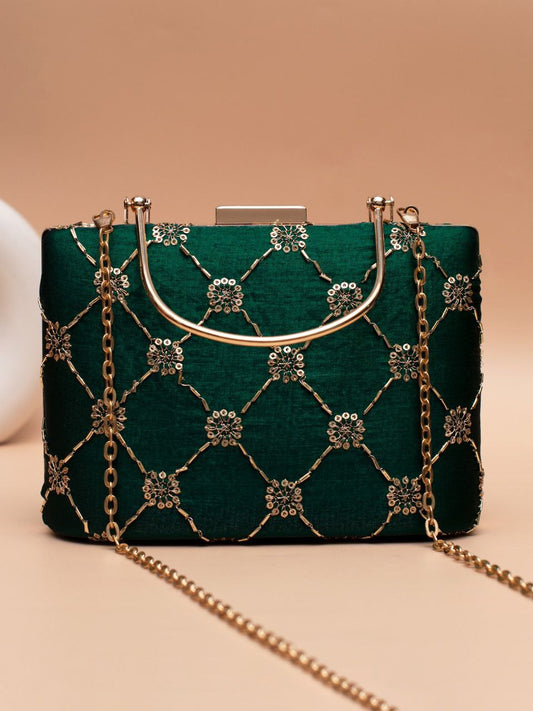 Green Clutch with Golden Handle & Sling chain