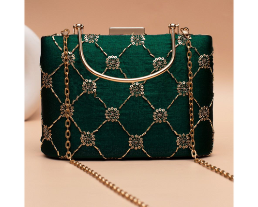 Green Clutch with Golden Handle & Sling chain