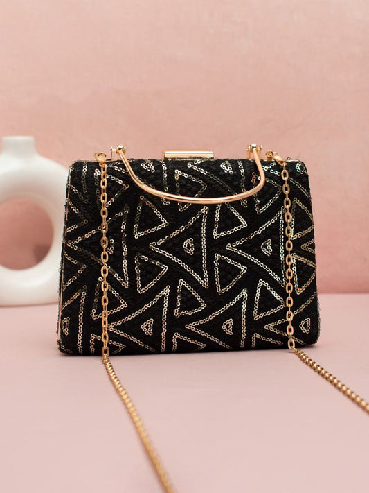 Black 01 Clutch with Golden Handle & Sling chain