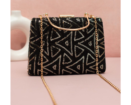 Black 01 Clutch with Golden Handle & Sling chain