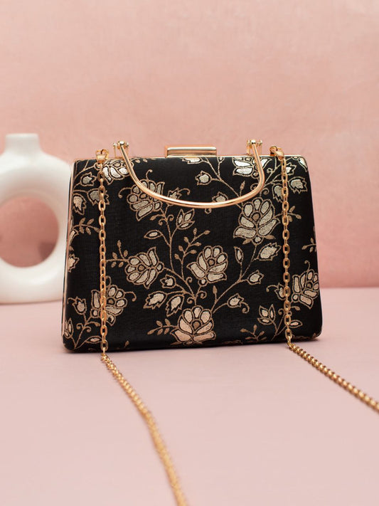 Black 02 Clutch with Golden Handle & Sling chain