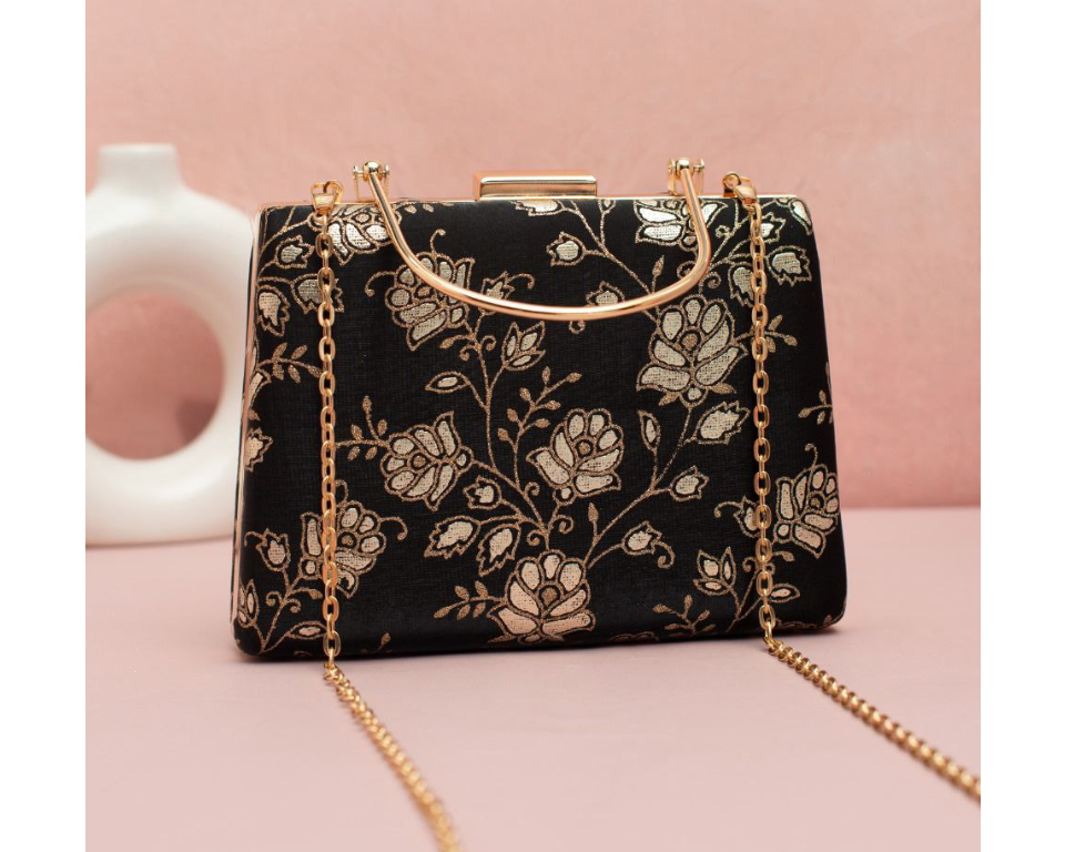 Black 02 Clutch with Golden Handle & Sling chain