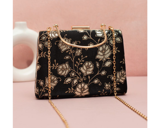 Black 02 Clutch with Golden Handle & Sling chain