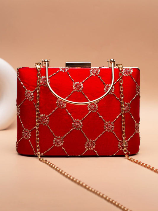 Red Clutch with Golden Handle & Sling chain
