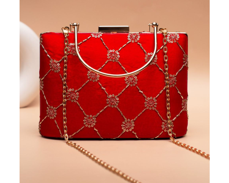 Red Clutch with Golden Handle & Sling chain