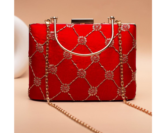 Red Clutch with Golden Handle & Sling chain