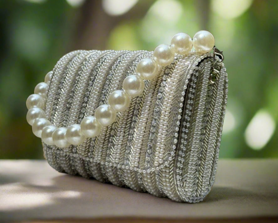 Silver Pearl Embellished Flap Bag
