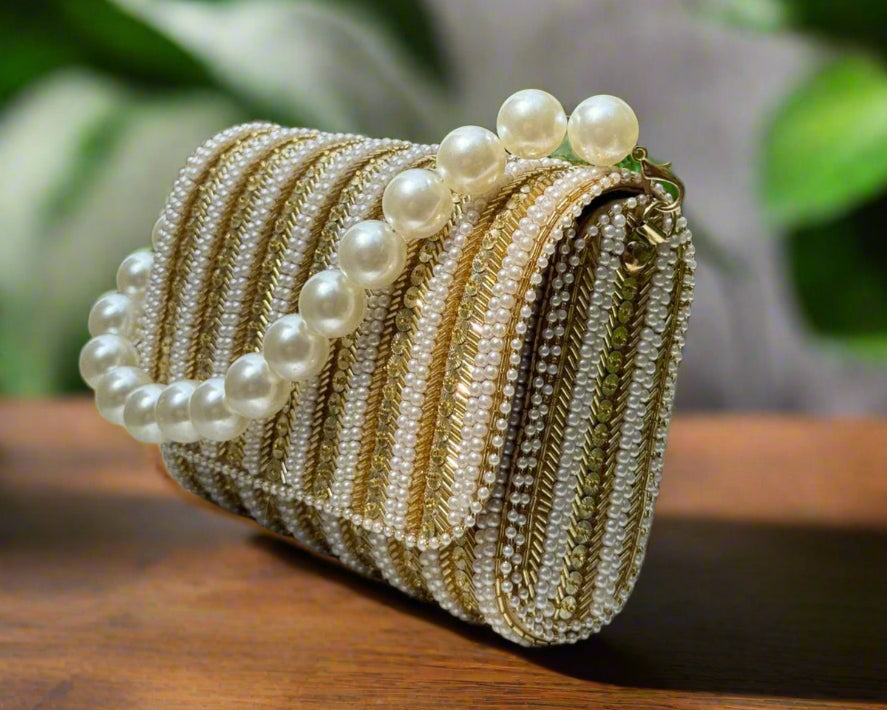 Gold Pearl Embellished Flap Bag