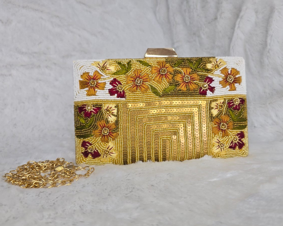 Gold beaded floral Clutch