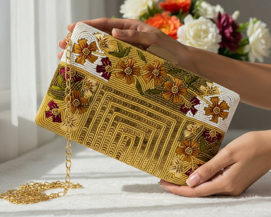 Gold beaded floral Clutch