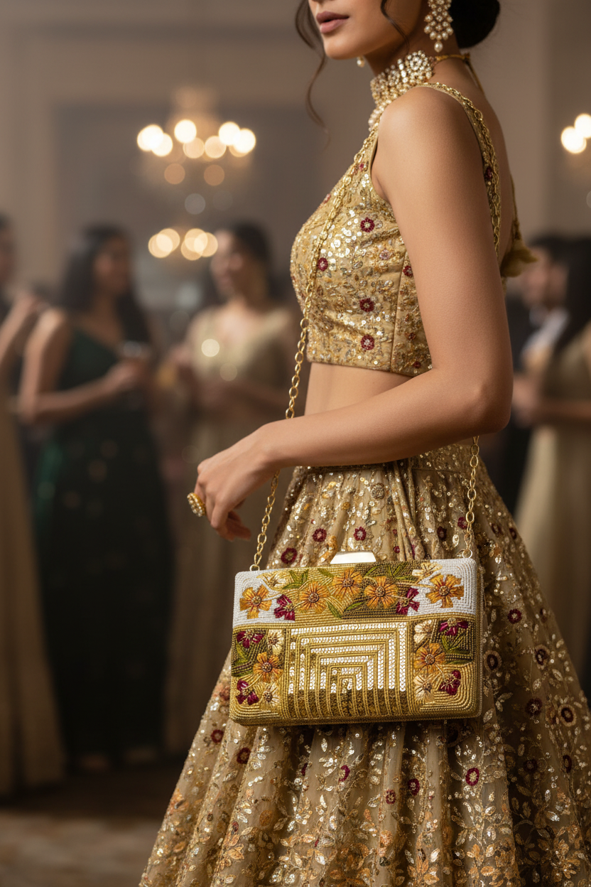 Gold beaded floral Clutch