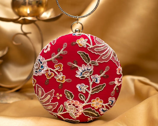 Red Floral Embroidered Round Clutch