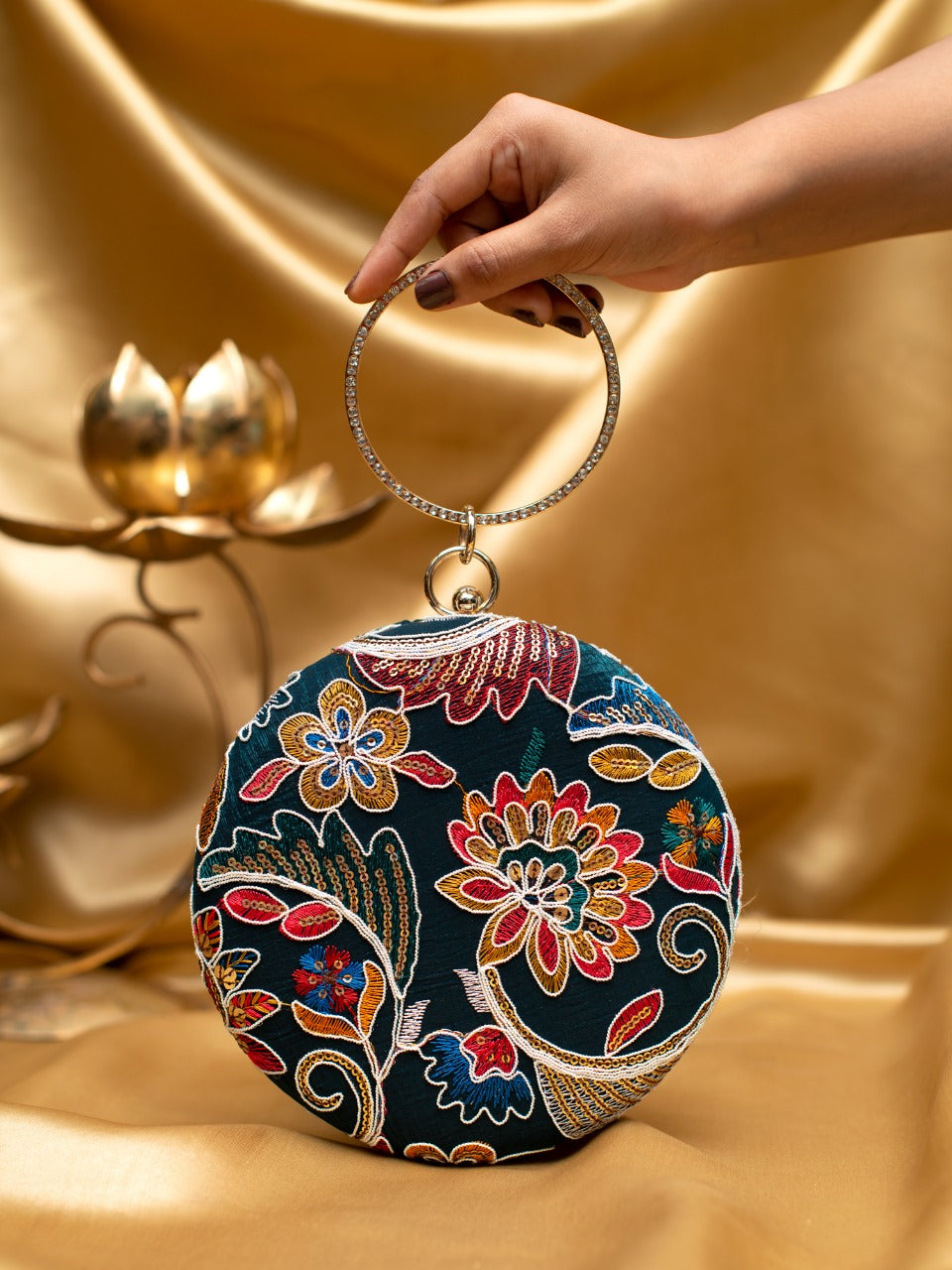 Blue Floral Embroidered Round Clutch