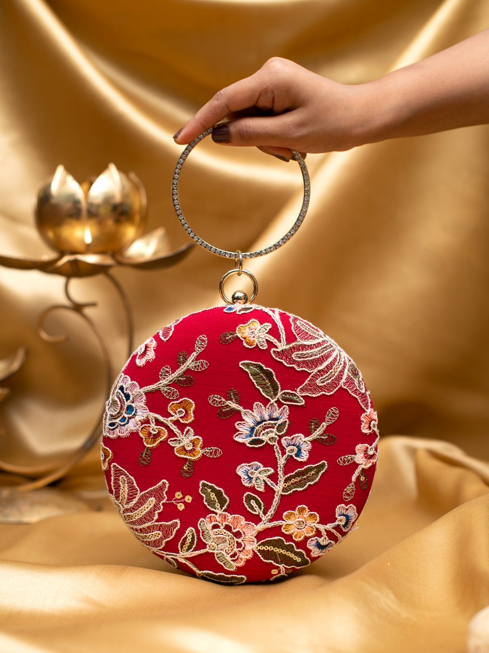Red Floral Embroidered Round Clutch