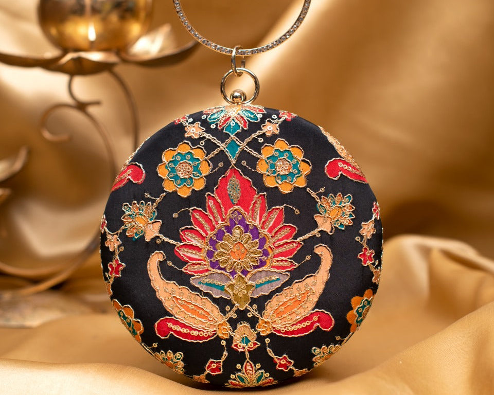 Black Floral Embroidered Round Clutch