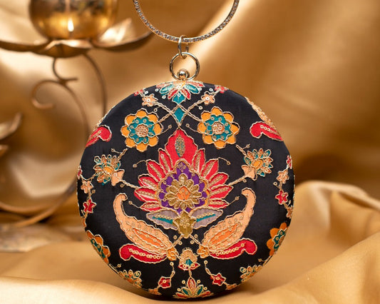 Black Floral Embroidered Round Clutch