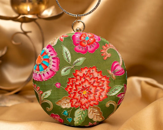 Green Floral Embroidered Round Clutch