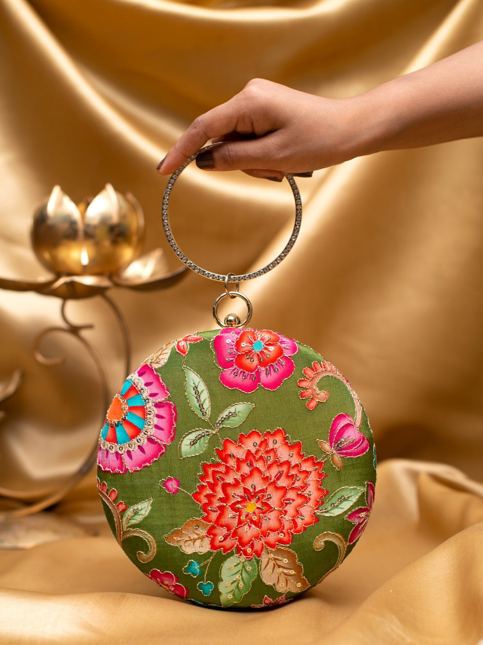 Green Floral Embroidered Round Clutch
