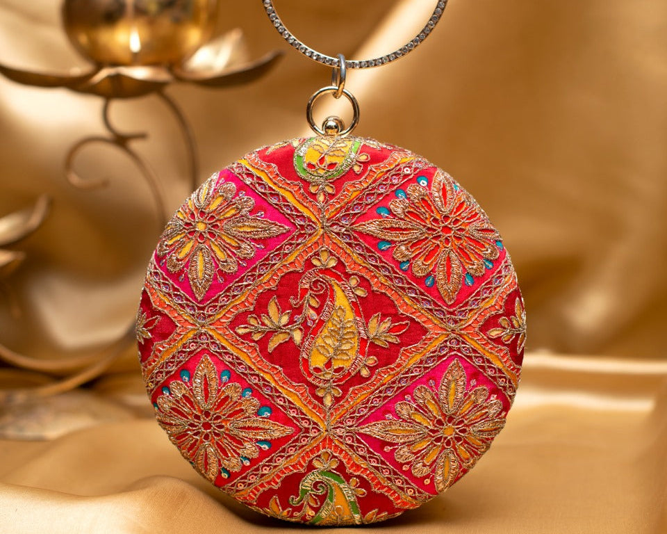 Red Round Embroidered Clutch