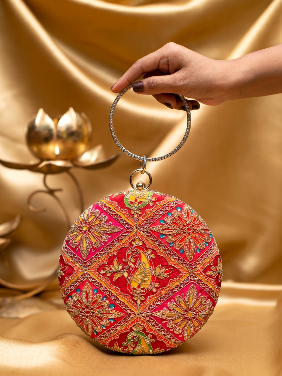 Red Round Embroidered Clutch