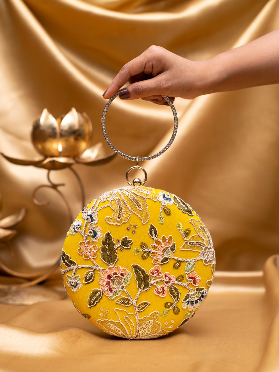 Yellow Floral Embroidered Round Clutch