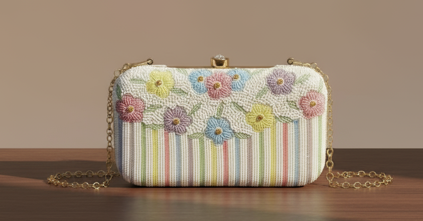 White Floral Embellished Clutch