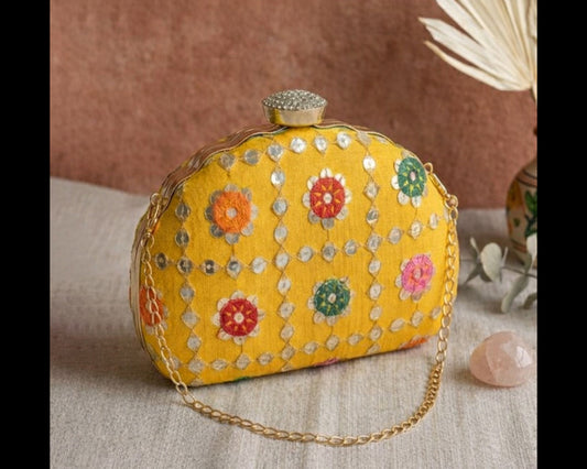 D shape Yellow Ethnic Embroidered Clutch