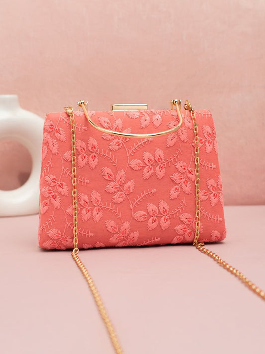 Peach Clutch with Golden Handle & Sling chain