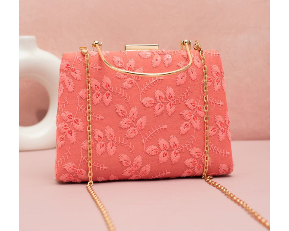 Peach Clutch with Golden Handle & Sling chain