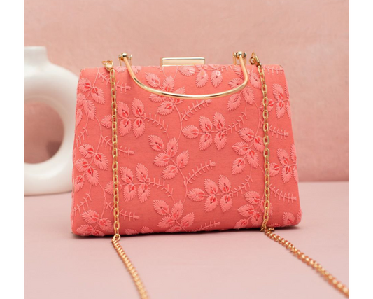 Peach Clutch with Golden Handle & Sling chain