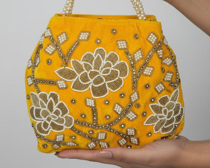 Yellow Velvet Potli Embroidery bag